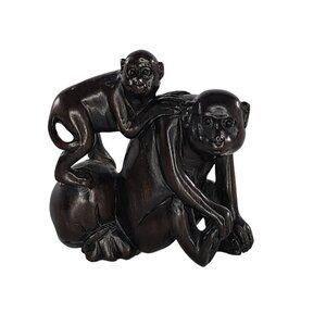 Vintage Japanese Netsuke Monkey Dark Boxwood Carved Figurine Signed